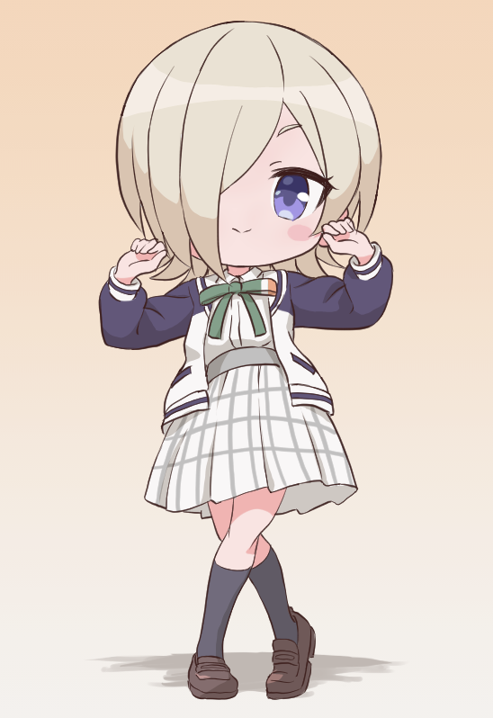 :&gt; black_sleeves black_socks blonde_hair blue_eyes blush_stickers bow bowtie brown_background brown_footwear check_commentary checkered_clothes checkered_skirt chibi commentary_request full_body gradient_background green_bow green_bowtie growth170 hair_over_one_eye hands_up jacket looking_at_viewer love_live! love_live!_nijigasaki_high_school_idol_club mia_taylor nijigasaki_academy_school_uniform open_clothes open_jacket parody pleated_skirt school_uniform shadow shigure_ui_(vtuber) shirt shoes short_hair shukusei!!_loli-gami_requiem skirt smile socks standing white_jacket white_shirt white_skirt