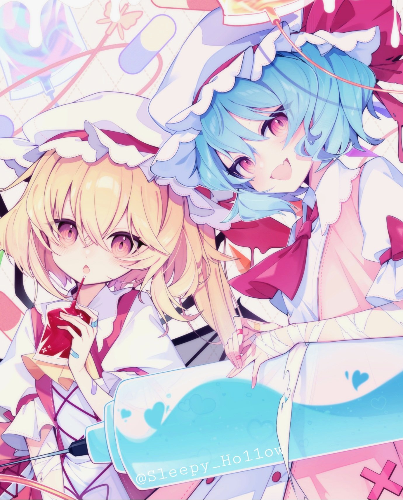 2girls :o ascot bandaged_arm bandages bandaid bandaid_on_hand bat_wings black_wings blood blood_bag blue_hair chuuko_anpu cross-laced_clothes dress fang flandre_scarlet floating floating_object hat highres holding holding_syringe large_syringe mob_cap multiple_girls open_mouth oversized_object puffy_short_sleeves puffy_sleeves red_ascot red_eyes remilia_scarlet short_hair short_sleeves siblings sisters skin_fang smile syringe touhou twitter_username upper_body vampire wavy_hair white_dress white_headwear wings x