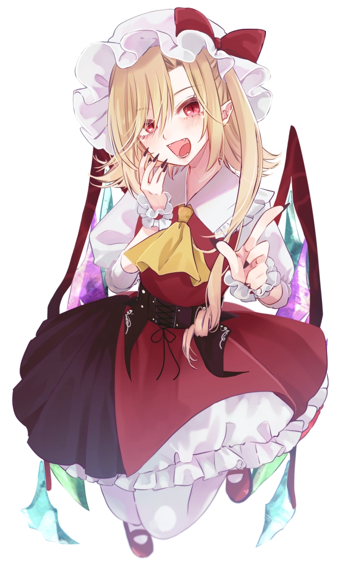 1girl ascot black_nails blonde_hair blush collared_shirt crystal fangs fingernails flandre_scarlet frilled_shirt_collar frilled_skirt frills hat long_fingernails long_hair mob_cap nail_polish one_side_up open_mouth pantyhose red_eyes red_footwear red_skirt red_vest sharp_fingernails shirt shoes short_sleeves simple_background skirt smile solo souta_(karasu_no_ouchi) touhou vest white_background white_headwear white_pantyhose white_shirt wings yellow_ascot