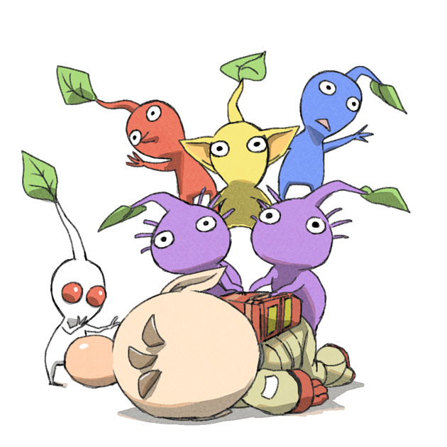 1boy alien backpack bag big_nose black_eyes blue_pikmin blue_skin brown_hair colored_skin commentary_request gloves hands_on_another's_back leaf leaning_forward lying naru_(wish_field) no_headwear no_mouth olimar on_stomach outstretched_arm outstretched_arms pikmin_(creature) pikmin_(series) plump pointy_ears pointy_nose purple_hair purple_pikmin purple_skin red_bag red_eyes red_gloves red_pikmin red_skin shadow short_hair solid_circle_eyes spacesuit standing_on_person triangle_mouth very_short_hair white_background white_pikmin white_skin yellow_pikmin yellow_skin