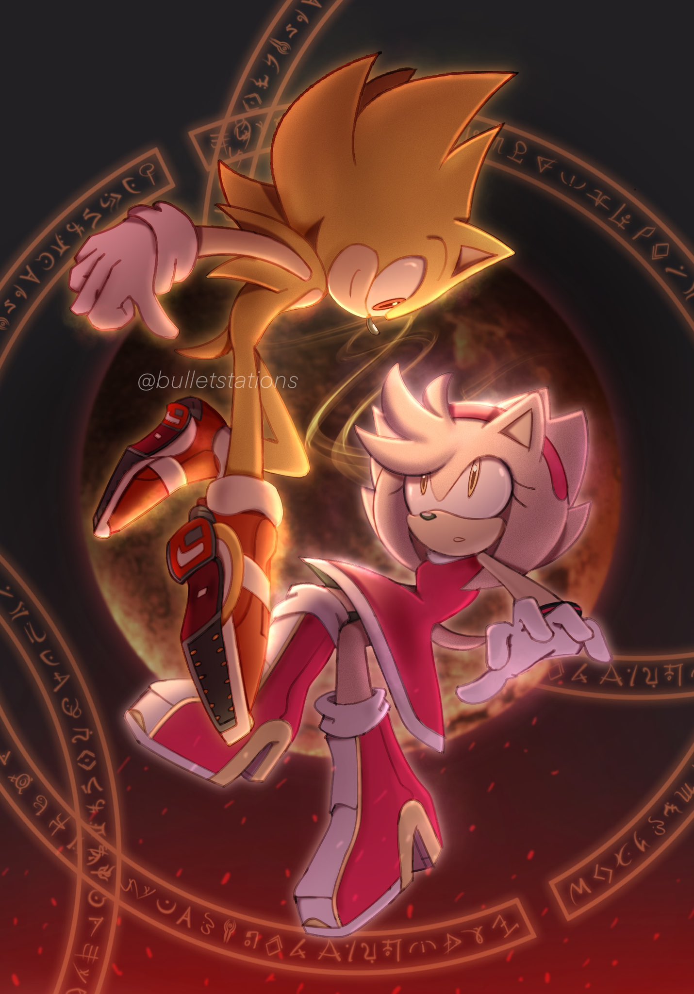 amy_rose artist_name boots bulletstations dress gloves hairband hedgehog hedgehog_boy hedgehog_ears hedgehog_girl hedgehog_tail highres looking_at_another red_dress red_eyes red_footwear red_hairband shoes smile sonic_(series) sonic_the_hedgehog super_amy_rose super_sonic white_gloves yellow_eyes yellow_fur