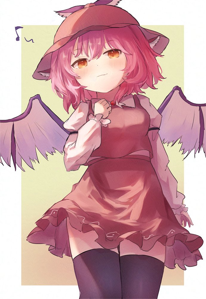 1girl animal_ears ar_(maeus) bird_ears bird_wings black_thighhighs blush breasts brown_dress brown_headwear closed_mouth collared_shirt cowboy_shot dress eighth_note frilled_dress frills hat long_sleeves looking_at_viewer medium_breasts musical_note mystia_lorelei pink_hair purple_wings shirt short_hair sleeve_garter smile solo thigh-highs touhou white_shirt winged_hat wings yellow_eyes