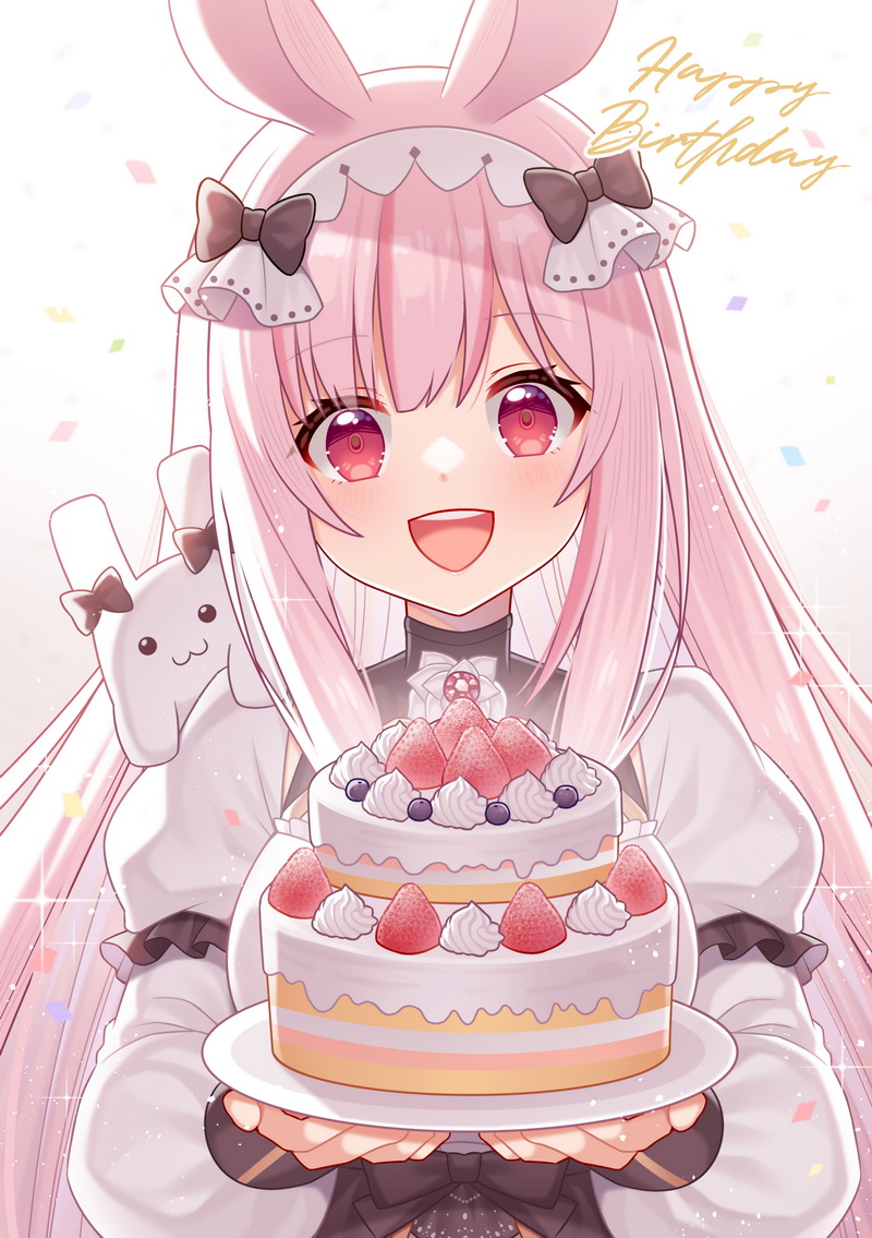 1girl :d animal_ears black_bow bow breasts cake commentary_request confetti food fruit gradient_background grey_background happy_birthday hitsuki_rei holding holding_plate indie_virtual_youtuber layered_sleeves long_hair long_sleeves looking_at_viewer medium_breasts nica_wolper pink_hair plate puffy_long_sleeves puffy_short_sleeves puffy_sleeves rabbit_ears red_eyes shirt short_over_long_sleeves short_sleeves sidelocks smile solo strawberry teeth upper_body upper_teeth_only very_long_hair virtual_youtuber white_background white_shirt
