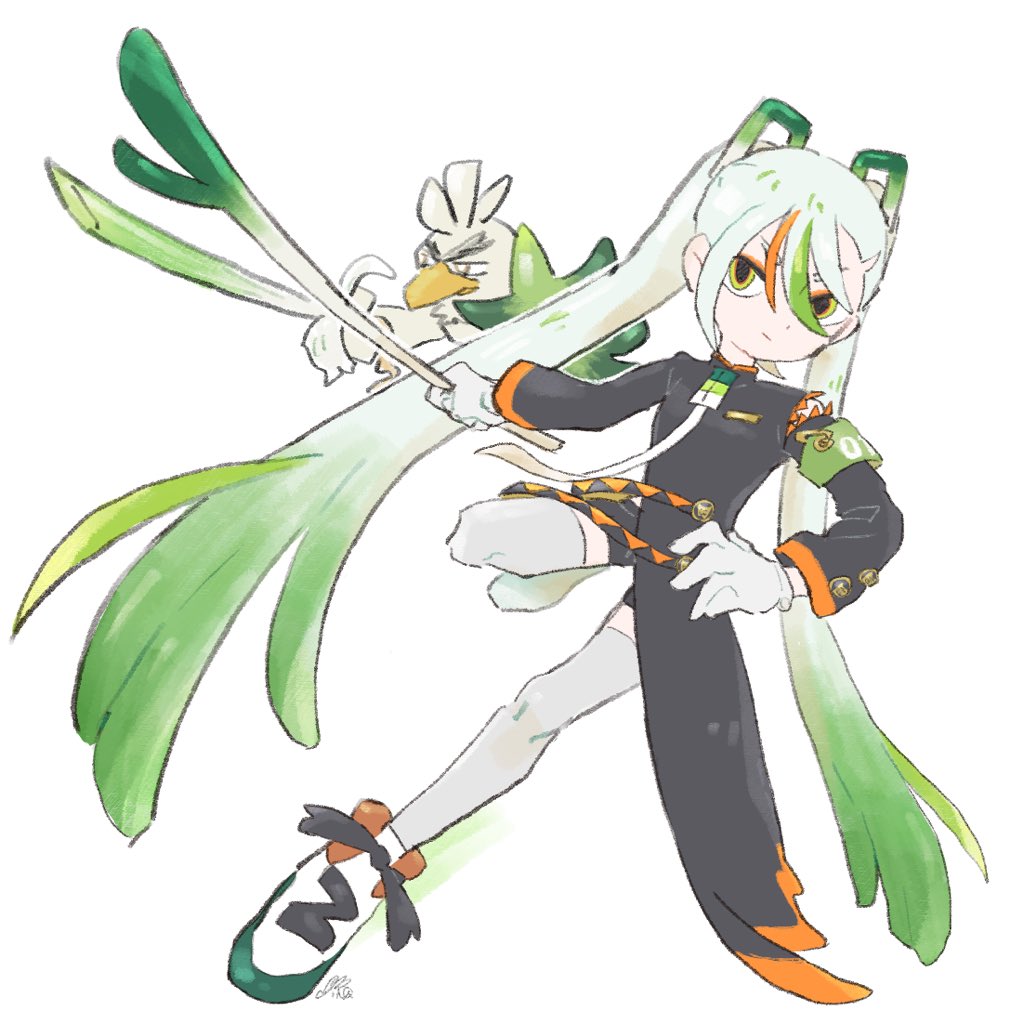 1girl :/ aqua_footwear armband bird black_shorts closed_mouth duck eyeshadow fighting_miku_(project_voltage) food full_body gloves green_armband green_eyes hair_between_eyes hatsune_miku holding holding_food holding_spring_onion holding_vegetable issa_1_3 leg_up light_green_hair long_hair long_sleeves makeup multicolored_eyes multicolored_footwear orange_eyes orange_eyeshadow orange_footwear orange_hair paperclip pokemon pokemon_(creature) project_voltage shoes shorts signature simple_background sirfetch'd solo spring_onion thigh-highs twintails vegetable very_long_hair vocaloid white_background white_footwear white_gloves white_hair white_thighhighs zettai_ryouiki