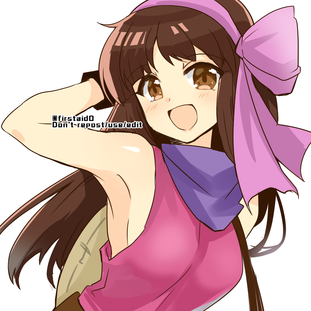 1girl arm_up armpits bare_shoulders bow breasts brown_eyes brown_hair daisy_(fire_emblem) fire_emblem fire_emblem:_genealogy_of_the_holy_war hair_bow looking_at_viewer medium_breasts open_mouth pink_bow purple_scarf scarf sideboob sleeveless solo yukia_(firstaid0)
