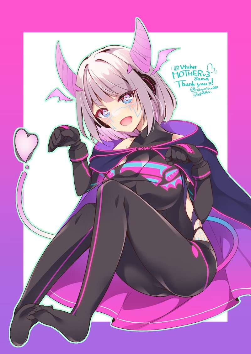 1girl :d aqua_eyes black_bodysuit bob_cut bodysuit breasts cape commission detached_horns enjoy_mix gradient_background gradient_hair gradient_horns hair_intakes headphones hip_vent holographic_horns horns huge_breasts indie_virtual_youtuber looking_at_viewer medium_hair motherv3 multicolored_eyes multicolored_hair multicolored_horns neon_trim open_mouth paw_pose pink_horns purple_cape purple_horns sitting skeb_commission smile solo tail two-tone_eyes violet_eyes virtual_youtuber
