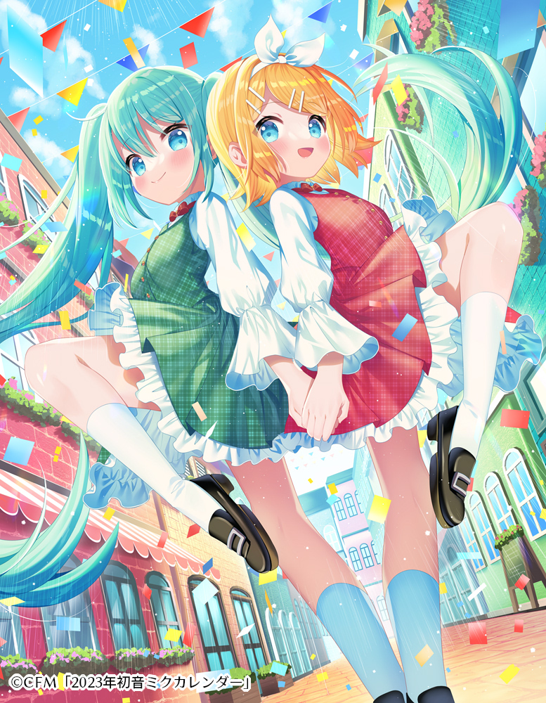 2girls :d aqua_hair black_footwear blonde_hair blue_eyes blue_sky brick_wall building closed_mouth clouds cloudy_sky commentary_request day door frilled_skirt frills green_skirt green_vest hair_between_eyes hair_ornament hair_ribbon hairband hairclip hatsune_miku ikari_(aor3507) kagamine_rin loafers long_hair long_sleeves multiple_girls outdoors pennant plaid plaid_skirt plaid_vest pleated_skirt puffy_long_sleeves puffy_sleeves red_skirt red_vest ribbon shirt shoes skirt sky smile socks standing standing_on_one_leg string_of_flags swept_bangs twintails very_long_hair vest vocaloid white_hairband white_ribbon white_shirt white_socks window