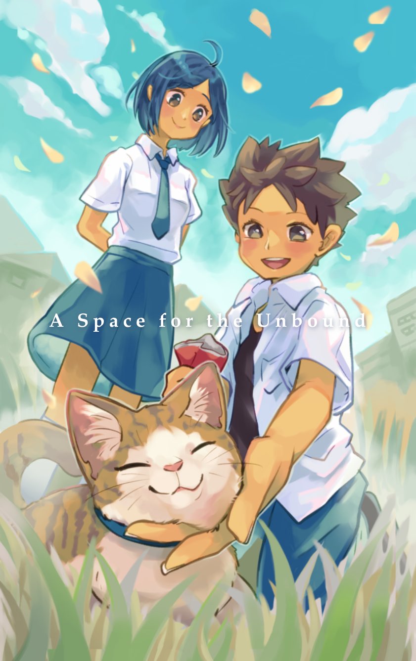1boy 1girl a_space_for_the_unbound ahoge arms_behind_back atma_(a_space_for_the_unbound) black_undershirt blue_hair blue_necktie blue_skirt blue_sky brown_eyes brown_hair cat closed_mouth clouds collared_shirt commentary_request copyright_name day falling_petals foreground_text grass hand_on_another's_chin highres indonesian_high_school_uniform kneeling medium_skirt mz_marine necktie open_clothes open_mouth open_shirt outdoors outstretched_arm petals raya_(a_space_for_the_unbound) school_uniform shirt short_hair short_sleeves skirt sky smile spiky_hair stroking_another's_chin undershirt white_shirt