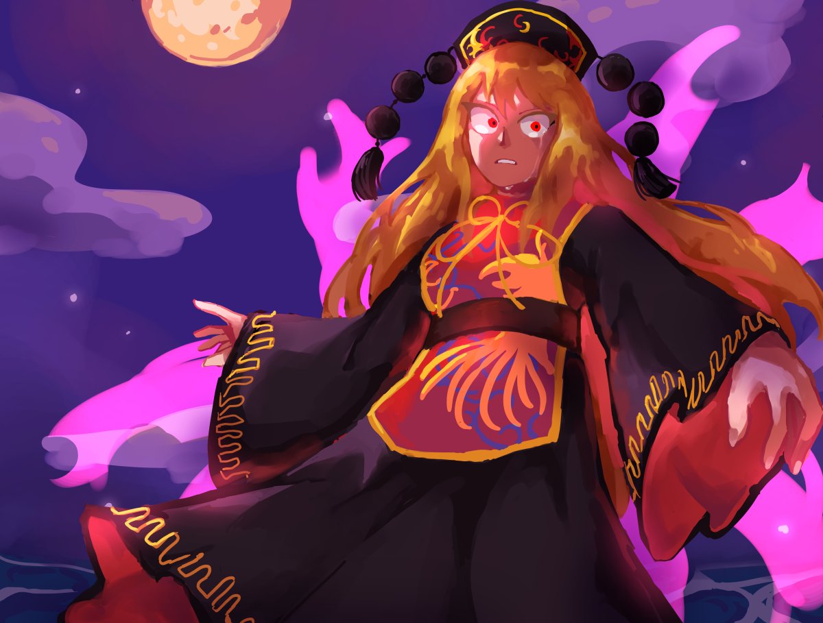 1girl black_dress black_headwear brown_sash chinese_clothes clouds colored_eyelashes crescent_moon crying crying_with_eyes_open dress energy_tail fingernails fox_tail frown full_moon gold_bowtie hair_ornament junko_(touhou) long_dress long_hair long_sleeves looking_at_viewer moon multiple_tails night night_sky ocean open_mouth orange_hair outdoors phoenix_crown pom_pom_(clothes) red_eyes red_tabard sky solo star_(symbol) streaming_tears tabard tail tassel tassel_hair_ornament tears teeth touhou waiwa_way wide-eyed wide_sleeves