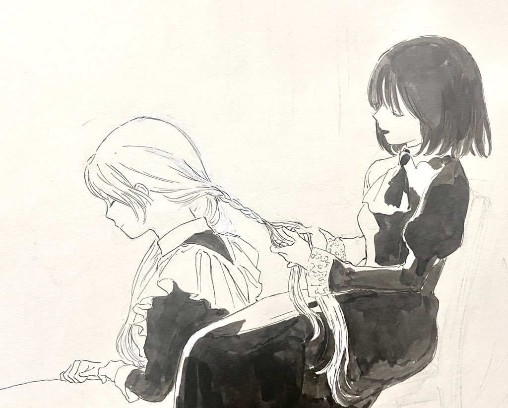 2girls ascot black_hair braid braiding_hair chair closed_eyes dress facing_away frills hairdressing holding_another's_hair juliet_sleeves kgeroua long_hair long_sleeves maid monochrome multiple_girls original parted_lips profile puffy_sleeves short_hair sitting traditional_media white_hair