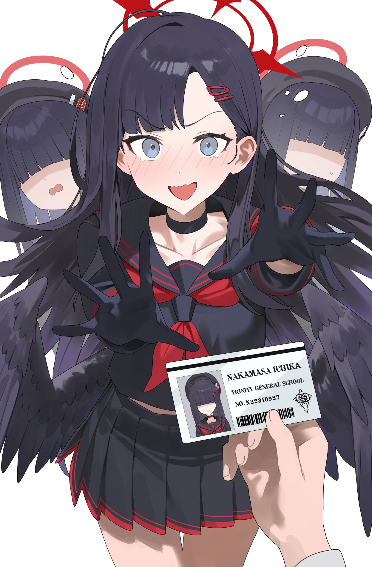 3girls aged_down black_choker black_gloves black_hair black_sailor_collar black_serafuku black_wings blue_archive blunt_bangs blush choker collarbone commentary_request embarrassed english_text extra faceless faceless_female feathered_wings gloves grey_eyes hair_ornament hairclip halo highres hood_(james_x) ichika_(blue_archive) id_card justice_task_force_member_(blue_archive) long_hair midriff_peek multiple_girls neckerchief nose_blush open_mouth outstretched_arms parted_bangs pov pov_hands red_neckerchief sailor_collar school_uniform serafuku simple_background smile sweatdrop tearing_up wavy_mouth white_background wings