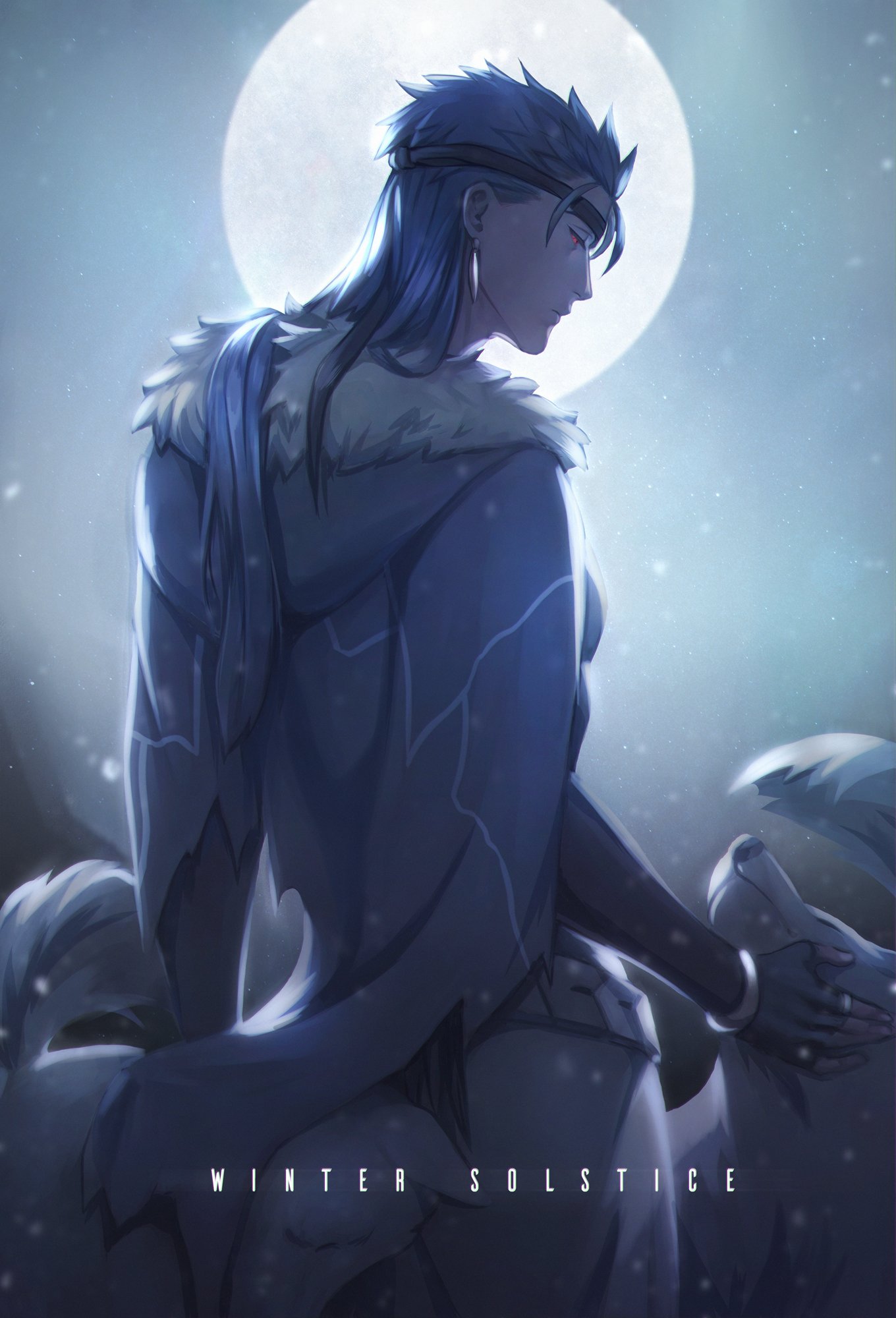 1boy animal blue_hair cape cu_chulainn_(caster)_(fate) cu_chulainn_(fate) earrings english_commentary fate/grand_order fate_(series) full_moon fur-trimmed_cape fur_trim gravesecrets headband highres hood hooded_cape jewelry long_hair male_focus moon petting ponytail red_eyes ring solo winter wolf