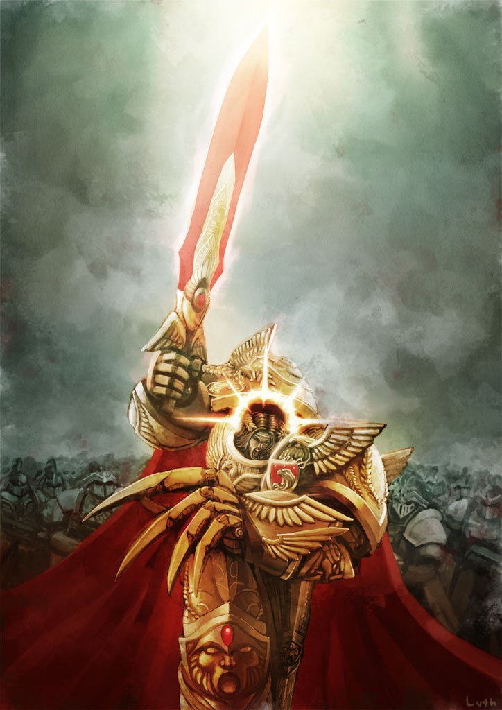 adeptus_custodes armor cape clouds dark_clouds emperor_of_mankind gold_armor holding holding_sword holding_weapon huge_weapon lutherniel monochrome_background red_cape sword warhammer_40k weapon