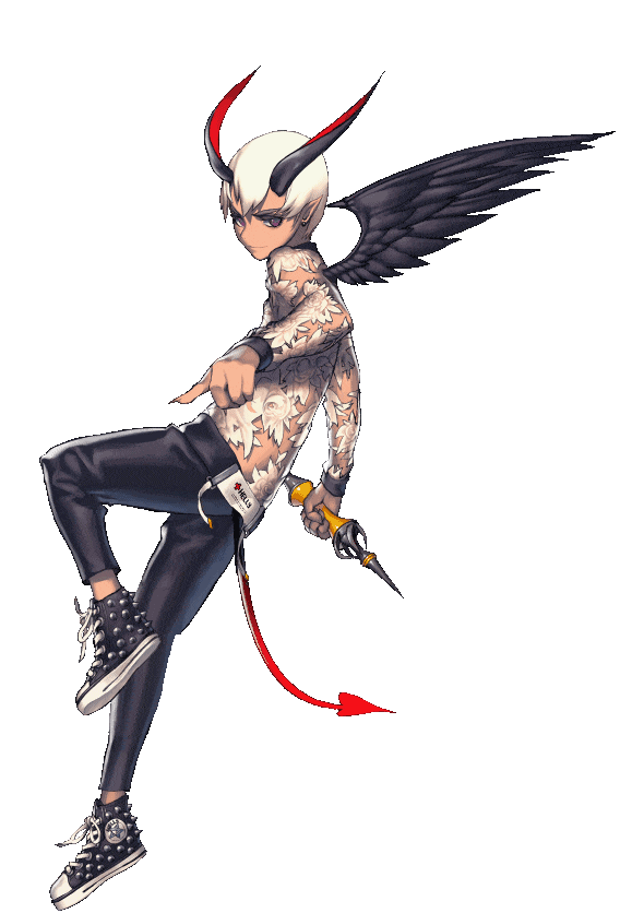 1boy black_pants black_wings demon_tail destiny_child frej_(destiny_child) full_body holding holding_weapon horns male_focus official_art pants pointy_ears shoes short_hair sneakers solo tail tan transparent_background weapon white_hair wings