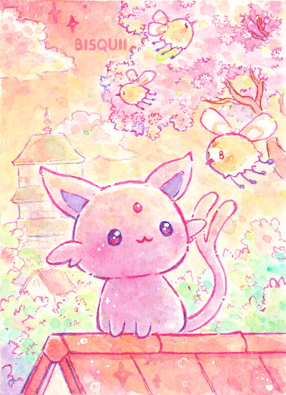 :3 animal_focus bisquii blush cherry_blossoms clouds cutiefly english_commentary espeon light_particles no_humans no_nose orange_sky painting_(medium) pokemon pokemon_(creature) red_eyes rooftop signature sky split_tail spring_(season) traditional_media watercolor_(medium)