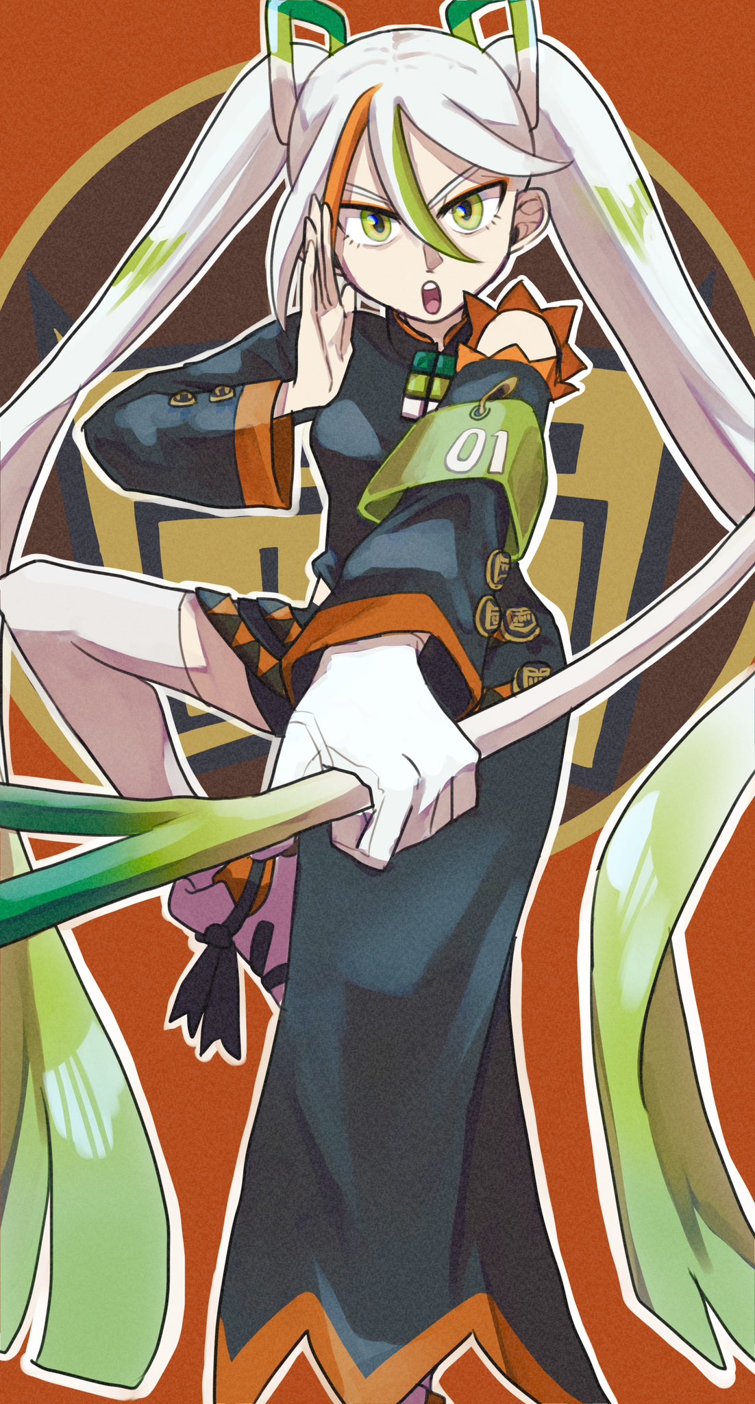 1girl armband eyeshadow fighting_miku_(project_voltage) fighting_stance film_grain gloves gradient_hair green_armband green_eyes hair_between_eyes hatsune_miku highres leg_up light_green_hair long_hair long_sleeves looking_at_viewer makeup multicolored_hair nastar_r0 open_mouth orange_eyeshadow orange_hair paperclip pokemon project_voltage single_glove solo standing standing_on_one_leg streaked_hair teeth thigh-highs tsurime upper_teeth_only very_long_hair vocaloid white_gloves white_hair white_thighhighs