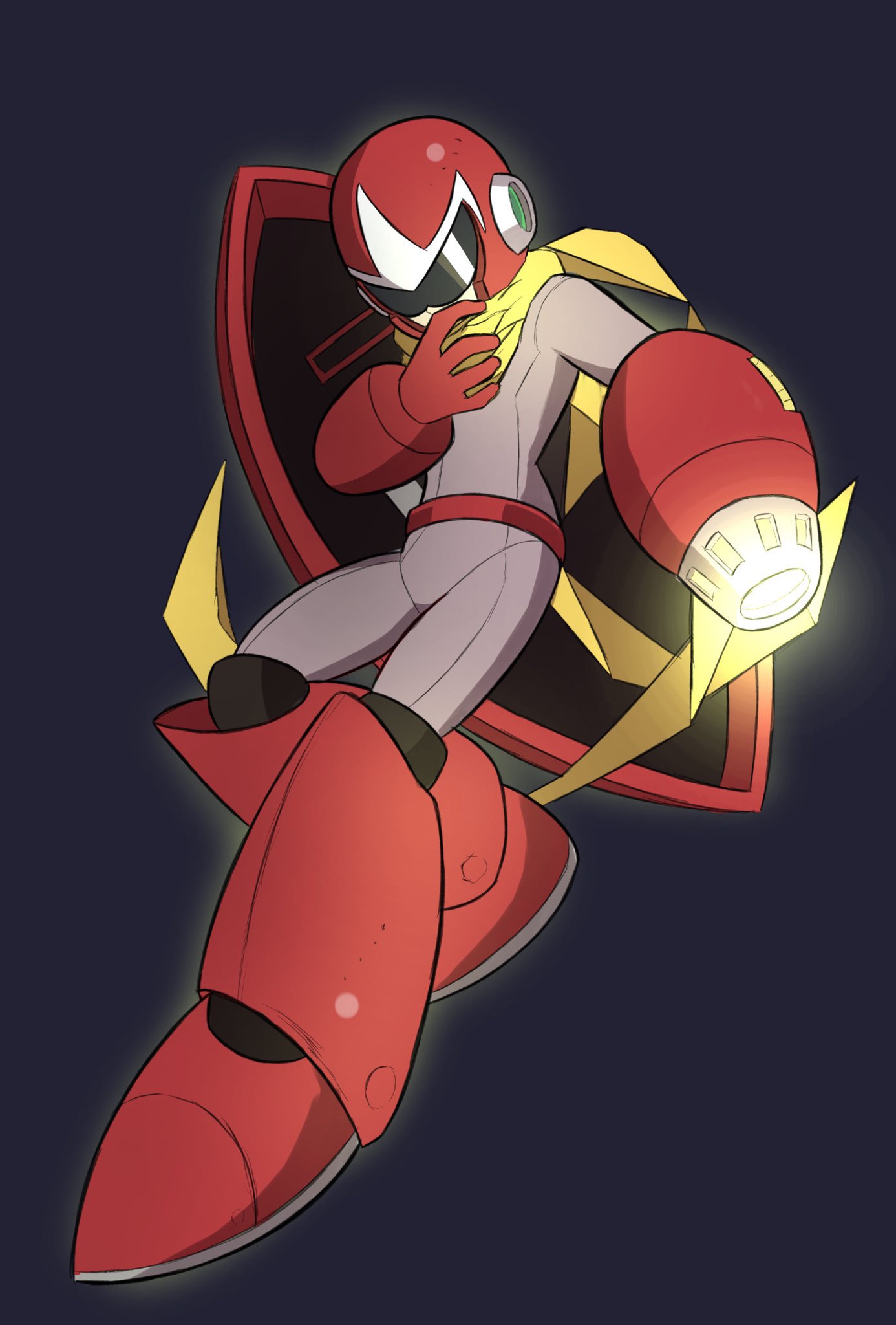 1boy arm_cannon commentary_request full_body helmet highres male_focus mega_man_(classic) mega_man_(series) proto_man robot scarf shield shoyu-z simple_background solo weapon yellow_scarf