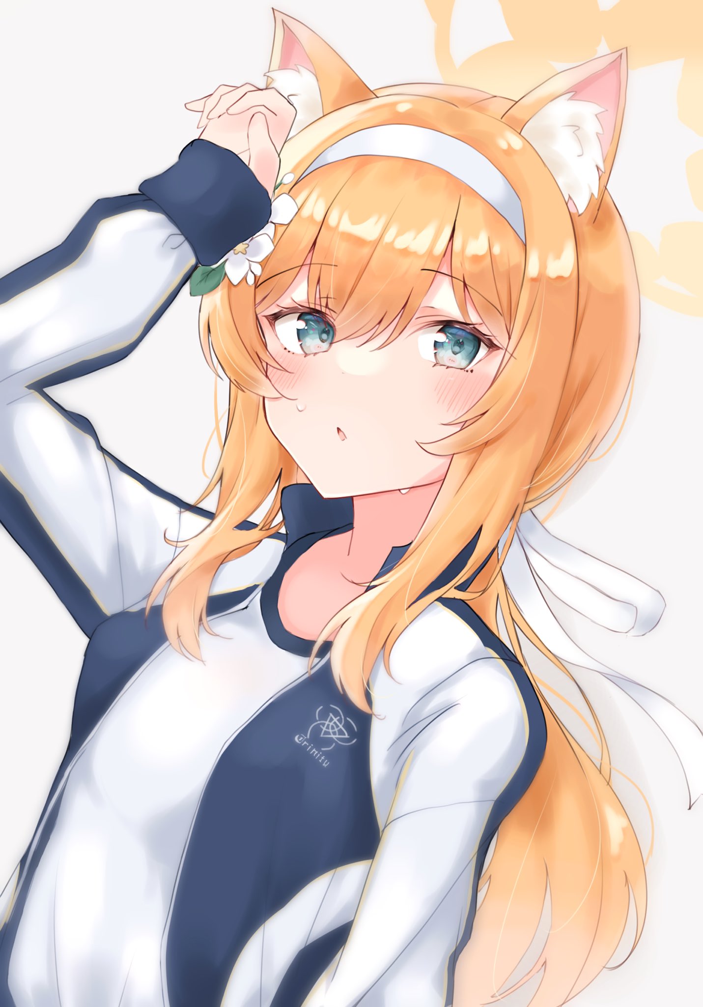 1girl animal_ear_fluff animal_ears blue_archive blue_eyes blush breasts flower gym_shirt hair_between_eyes hair_flower hair_ornament hair_ribbon halo highres jacket long_hair long_sleeves mari_(blue_archive) mari_(track)_(blue_archive) noko_(nco029685627) official_alternate_costume orange_hair parted_lips ribbon shirt simple_background small_breasts solo track_jacket white_background white_flower white_ribbon white_shirt yellow_halo