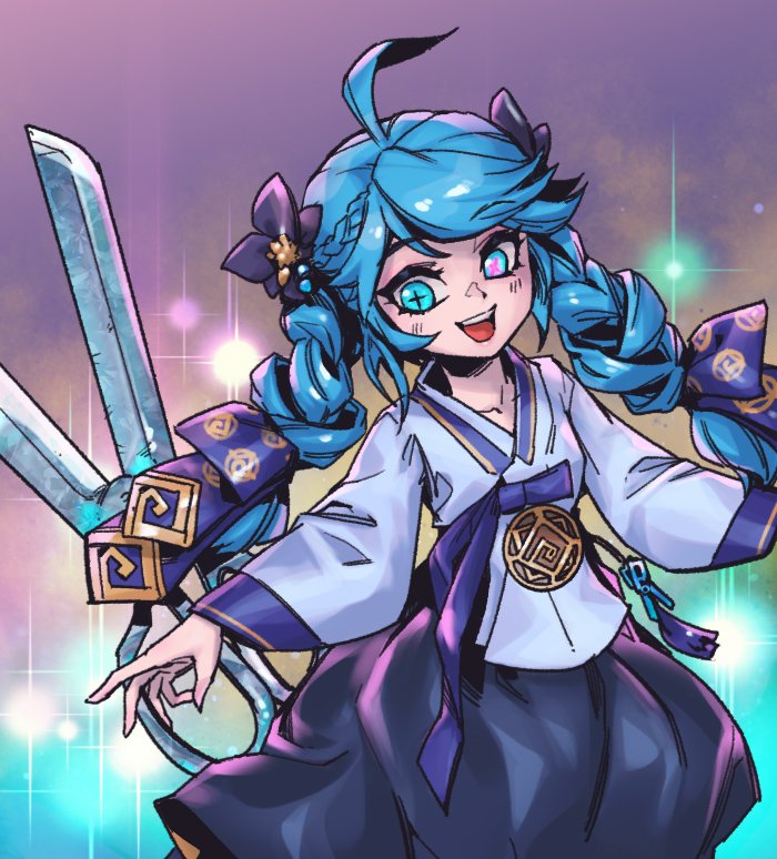 1girl :d ahoge alternate_costume black_skirt blush bow braid collarbone commentary drill_hair flower green_eyes green_hair gwen_(league_of_legends) hair_bow hair_flower hair_ornament japanese_clothes kimono league_of_legends long_hair long_sleeves multicolored_background oversized_object phantom_ix_row scissors skirt smile solo sparkle teeth twin_drills twintails upper_teeth_only wide_sleeves