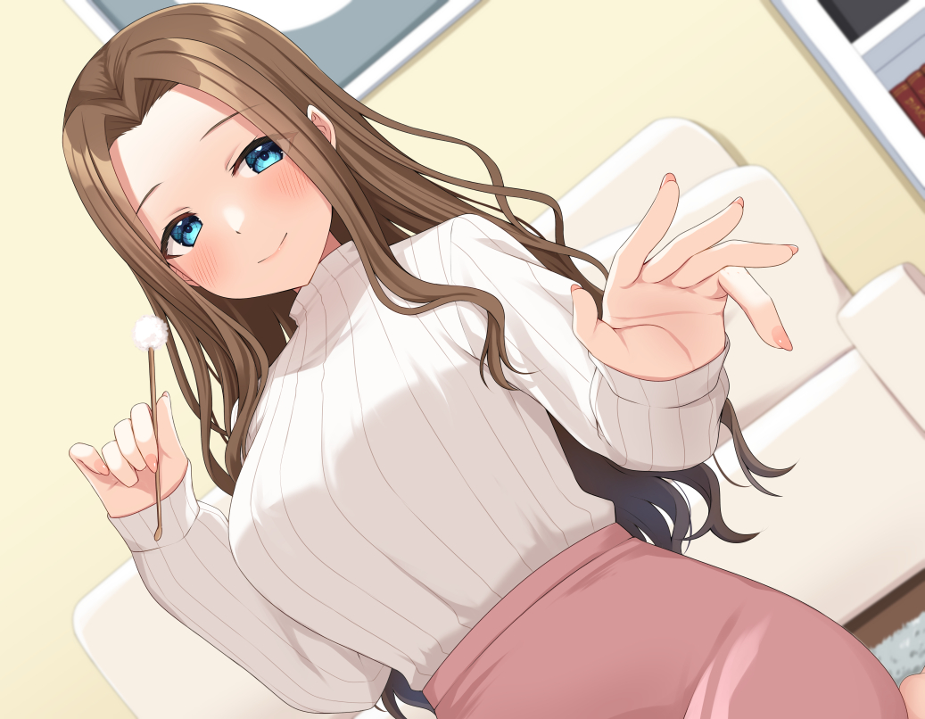 1girl blue_eyes blush breasts brown_hair closed_mouth commentary_request couch dutch_angle forehead hands_up holding indoors komori_kuzuyu large_breasts long_hair long_sleeves mimikaki original parted_bangs pink_skirt ribbed_sweater skirt sleeves_past_wrists smile solo sweater very_long_hair white_sweater