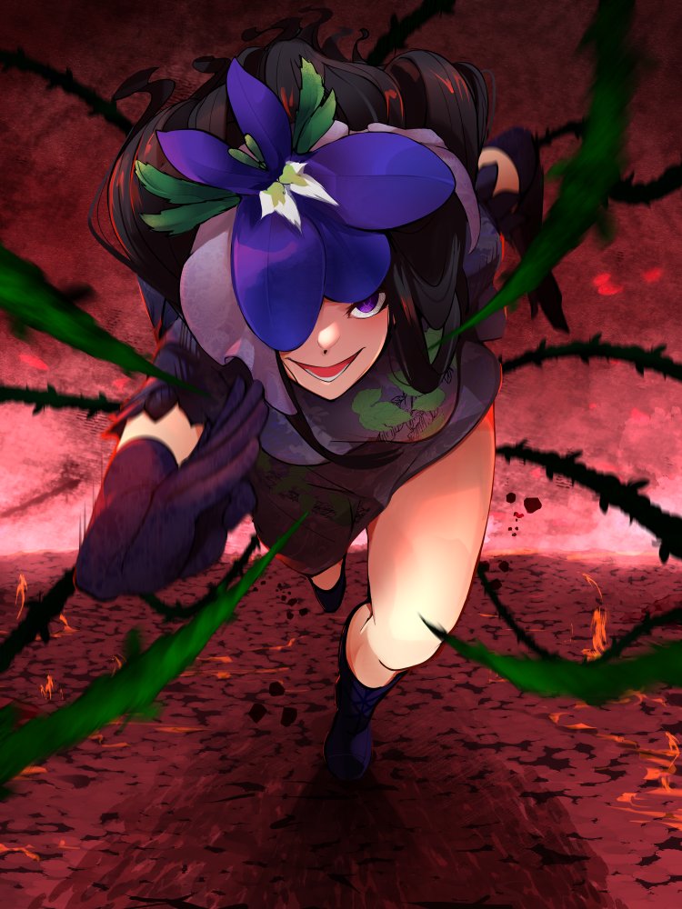 13-gou 1girl black_footwear black_gloves black_hair boots breasts china_dress chinese_clothes dress flower flower_on_head gloves long_hair looking_at_viewer medium_breasts open_mouth plant purple_dress purple_flower running smirk solo touhou vine_print vines violet_eyes yomotsu_hisami