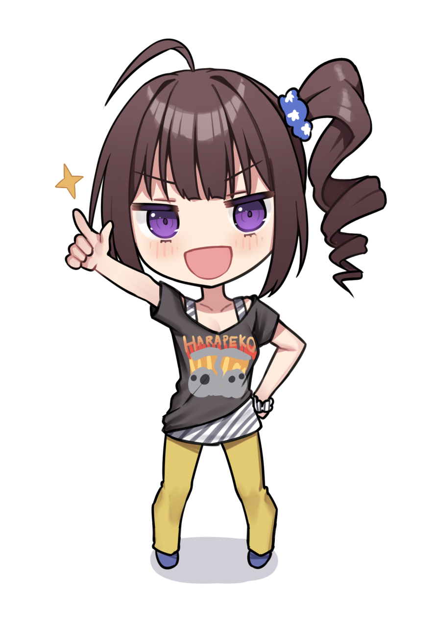 1girl ahoge binsen black_shirt blue_footwear blush brown_hair chibi commentary diagonal-striped_shirt drill_hair full_body hand_on_own_hip hand_up highres idolmaster idolmaster_million_live! index_finger_raised long_hair looking_at_viewer open_mouth pants pointing pointing_at_viewer shadow shirt short_sleeves side_ponytail sidelocks smile solo sparkle standing v-shaped_eyebrows violet_eyes yellow_pants yokoyama_nao