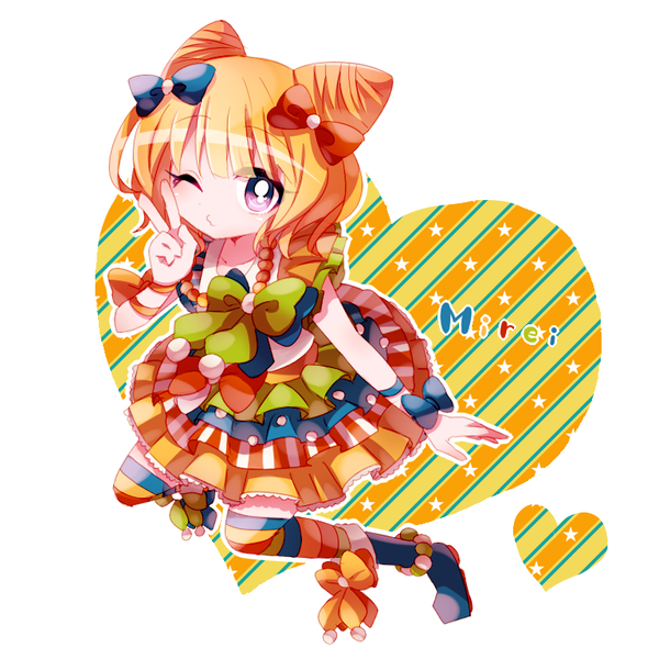 1girl arm_ribbon blonde_hair blue_bow blue_footwear boots bow character_name closed_mouth commentary_request cone_hair_bun double_bun dress dress_ribbon green_ribbon hair_bow hair_bun heart layered_dress minami_mirei multicolored_clothes multicolored_dress multicolored_legwear multiple_hair_bows one_eye_closed orange_ribbon polka_dot pretty_(series) pripara red_bow ribbon short_sleeves solo striped striped_thighhighs thigh-highs usagi_nui v violet_eyes yellow_ribbon