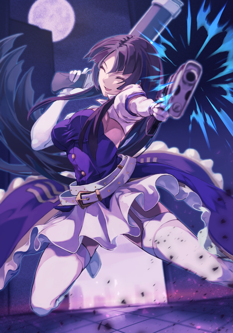 1girl belt black_hair breasts closed_eyes dress elbow_gloves full_moon gloves gun hime_cut holding holding_gun holding_weapon kaguya_(under_night_in-birth) long_hair loose_belt moon multiple_belts online_neet open_mouth solo thigh-highs thigh_strap under_night_in-birth under_night_in-birth_2_sys:celes very_long_hair weapon white_gloves