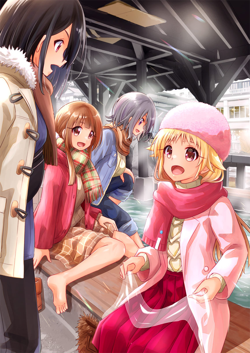4girls :d barefoot blue_coat boots boots_removed brown_eyes brown_scarf brown_skirt coat comiket_102 cover cover_page doujin_cover gomasho_asuka highres long_sleeves multiple_girls onsen original outdoors pants pants_rolled_up pink_coat pink_eyes pink_headwear plaid plaid_scarf red_eyes red_scarf red_skirt scarf skirt smile