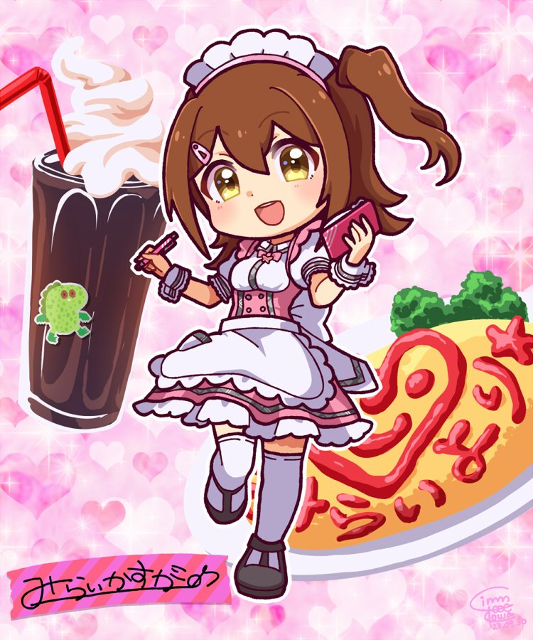 1girl apron back_bow black_footwear bow bowtie brown_hair chupacabra_(idolmaster) commentary dot_nose dress drink drinking_straw food frills hair_between_eyes hair_ornament hairclip heart holding holding_notebook holding_pen idolmaster idolmaster_million_live! idolmaster_million_live!_theater_days kasuga_mirai kowakawa_kaeru light_blush looking_at_viewer maid_headdress medium_hair notebook official_alternate_costume omelet omurice open_mouth pen pink_background pink_bow pink_bowtie pink_dress puffy_short_sleeves puffy_sleeves shirt short_sleeves side_ponytail sidelocks signature smile solo sparkle_background standing standing_on_one_leg sticker teeth thigh-highs upper_teeth_only waist_apron waitress whipped_cream white_apron white_bow white_shirt white_thighhighs yellow_eyes zettai_ryouiki