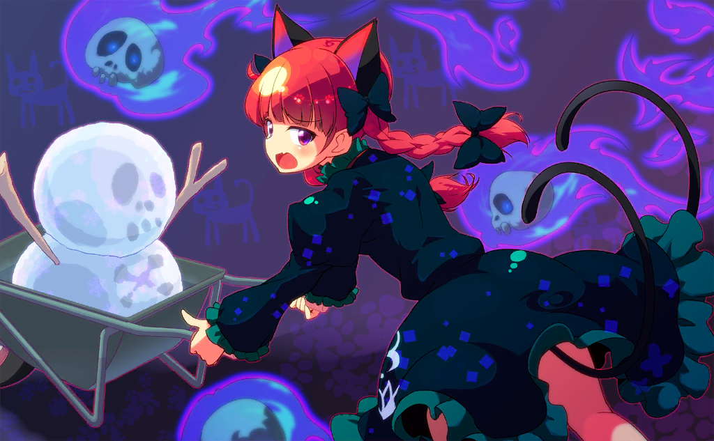 1girl animal_background animal_ears black_bow black_dress blue_fire bow braid cart cat cat_ears cat_tail collar collared_dress dress fang feet_out_of_frame fire frilled_collar frilled_dress frilled_sleeves frills from_behind frown game_cg hair_bow juliet_sleeves kaenbyou_rin light_blush long_hair long_sleeves looking_back multiple_hair_bows multiple_tails nekomata official_art open_mouth puffy_sleeves purple_background pushing short_dress skull skull_and_crossbones snowman solo stick sw_(taco) tail touhou touhou_cannonball twin_braids two_tails violet_eyes