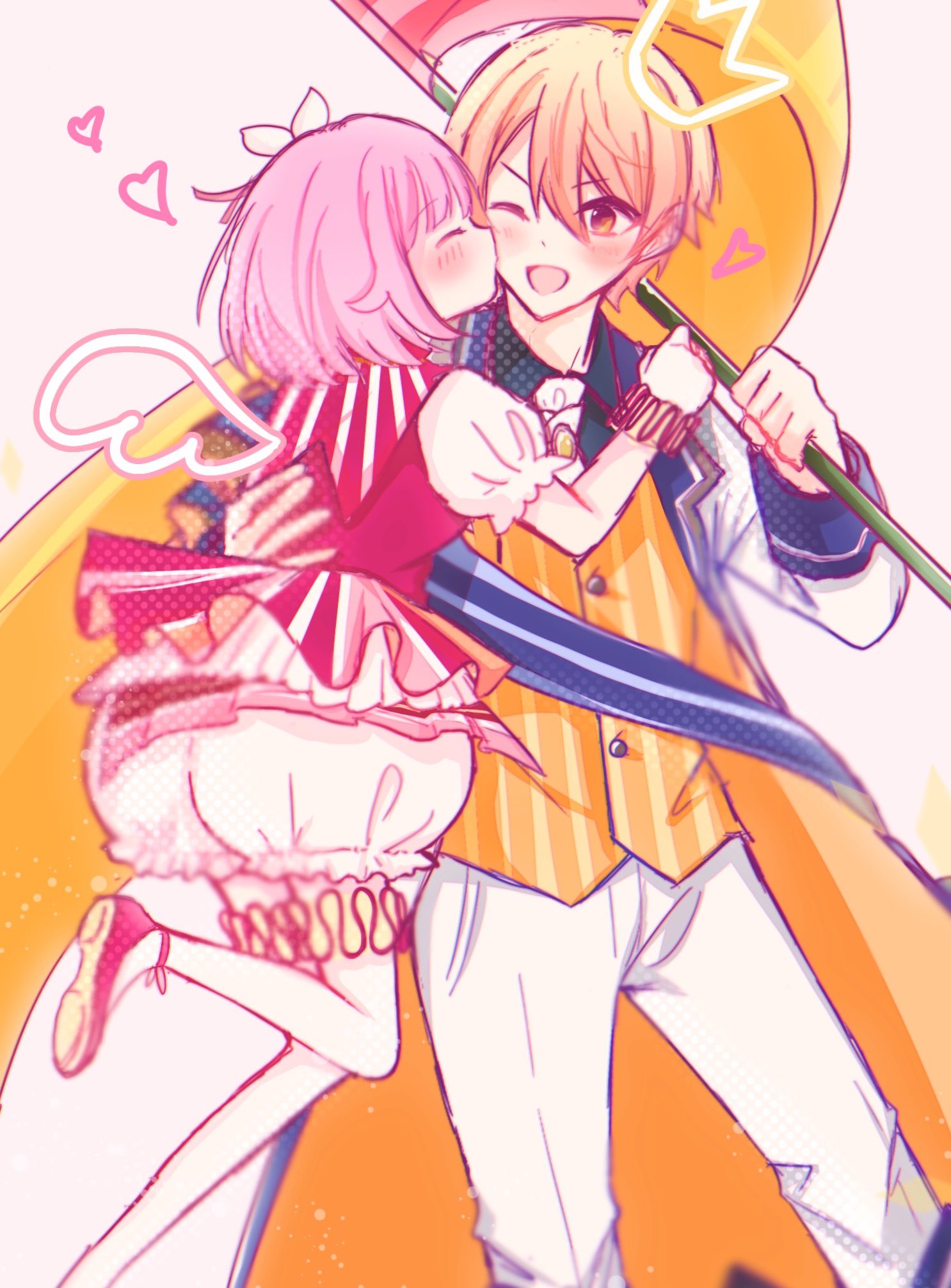 1boy 1girl blonde_hair blush bob_cut buttons collared_shirt commentary_request drawn_crown drawn_wings flag gloves gradient_hair hair_between_eyes hand_on_another's_back hand_on_another's_shoulder heart hetero highres holding holding_flag kiss kissing_cheek long_sleeves looking_at_another multicolored_hair nenohi one_eye_closed ootori_emu open_mouth orange_hair pants pink_hair project_sekai shirt short_hair short_sleeves tenma_tsukasa white_gloves white_pants