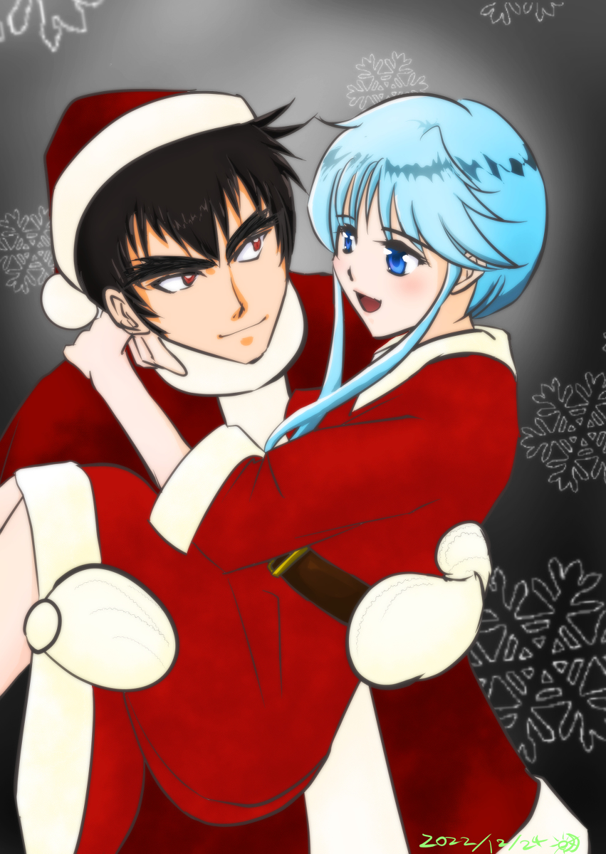 1boy 1girl black_hair blue_eyes blue_hair carrying carrying_person christmas_costume christmas_hat jigoku_sensei_nube nueno_meisuke yukime_(jigoku_sensei_nube)