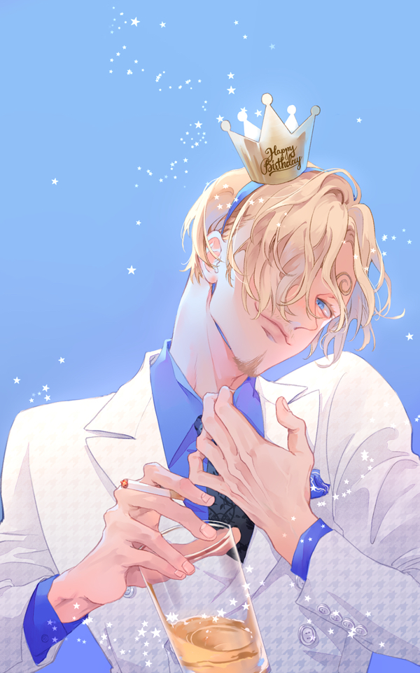 1boy black_necktie blonde_hair blue_eyes blue_shirt cigarette crown cup curly_eyebrows english_text facial_hair formal goatee hair_over_one_eye holding holding_cigarette holding_cup looking_at_viewer male_focus necktie one_eye_covered one_piece sanji_(one_piece) shirt short_hair shredders smile solo star_(symbol)
