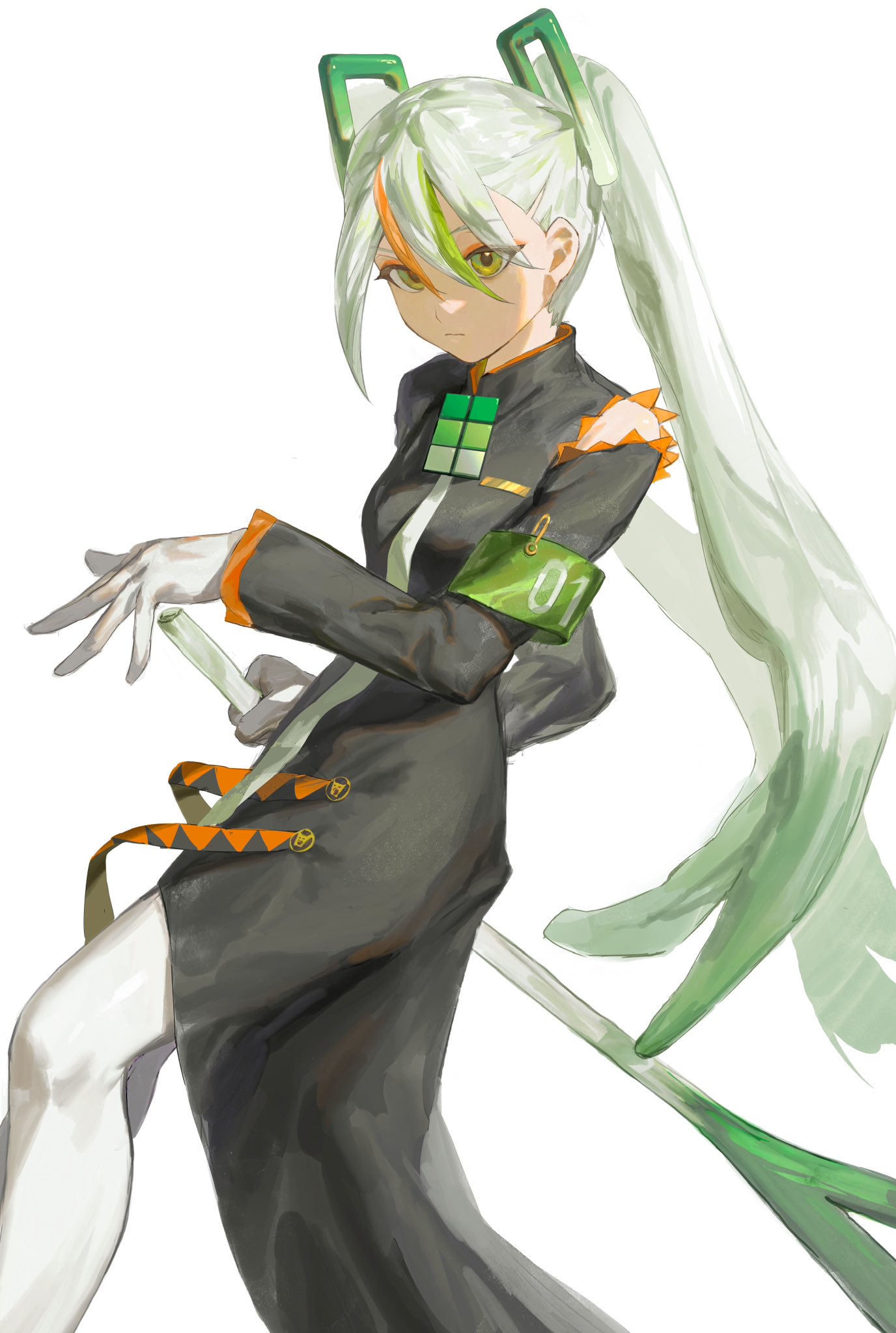 1girl armband closed_mouth eyes_visible_through_hair eyeshadow fighting_miku_(project_voltage) food gloves green_armband green_eyes hair_between_eyes hatsune_miku highres holding holding_food holding_spring_onion holding_vegetable light_green_hair long_hair long_sleeves makeup multicolored_hair necktie orange_eyeshadow orange_hair paperclip pokemon project_voltage r_r_i_n simple_background solo spring_onion streaked_hair twintails vegetable very_long_hair vocaloid white_background white_gloves white_hair white_necktie