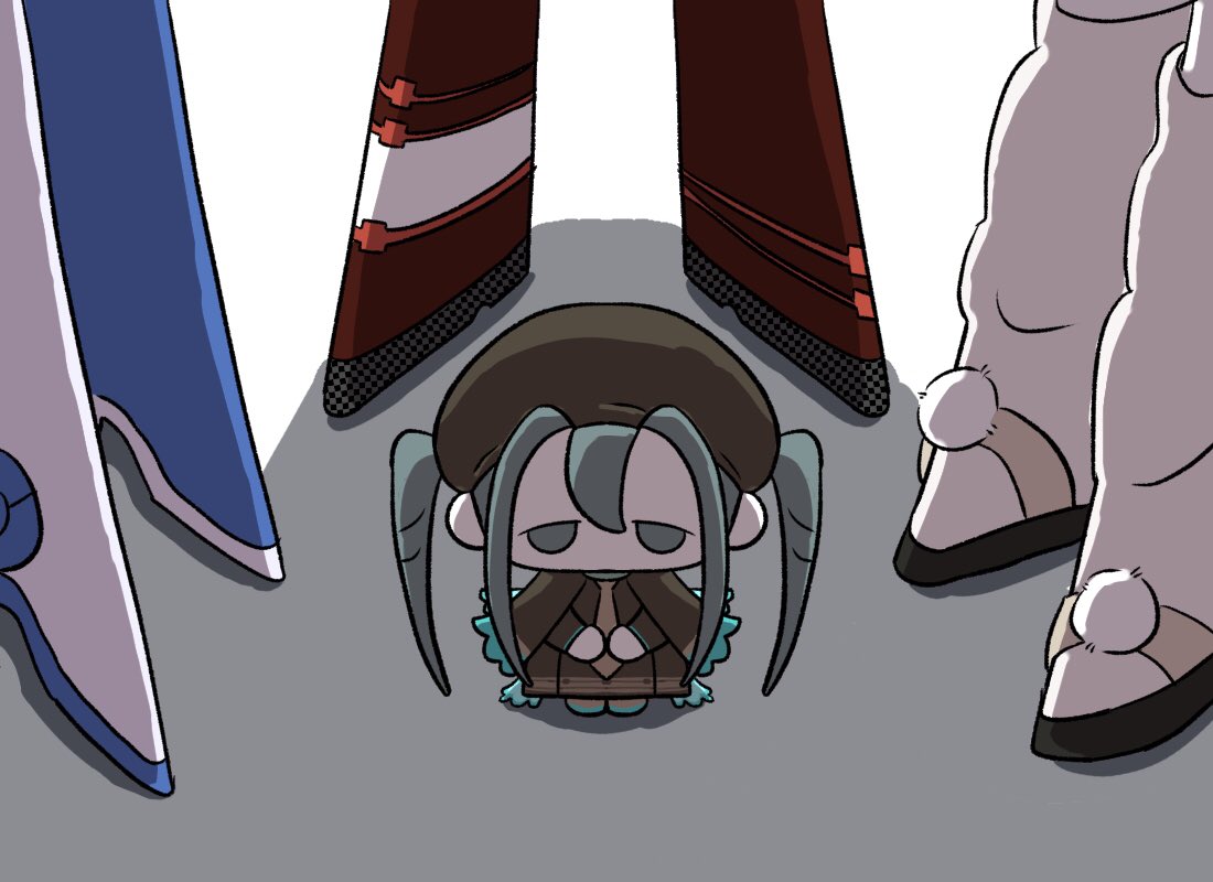 4girls beret blue_footwear boots brown_cape brown_dress brown_headwear brown_necktie bug_miku_(project_voltage) cape chibi comedy commentary_request dress fire_miku_(project_voltage) flying_miku_(project_voltage) grey_eyes grey_hair hat hatsune_miku high_heel_boots high_heels looking_at_viewer multiple_girls multiple_persona necktie pokemon pom_pom_(clothes) project_voltage red_footwear rock_miku_(project_voltage) shadow sidelocks simple_background size_difference standing surrounded tareme tonkatsu_(to_n_ka_tsu106) twintails two-tone_footwear v_arms vocaloid white_background white_footwear white_leg_warmers