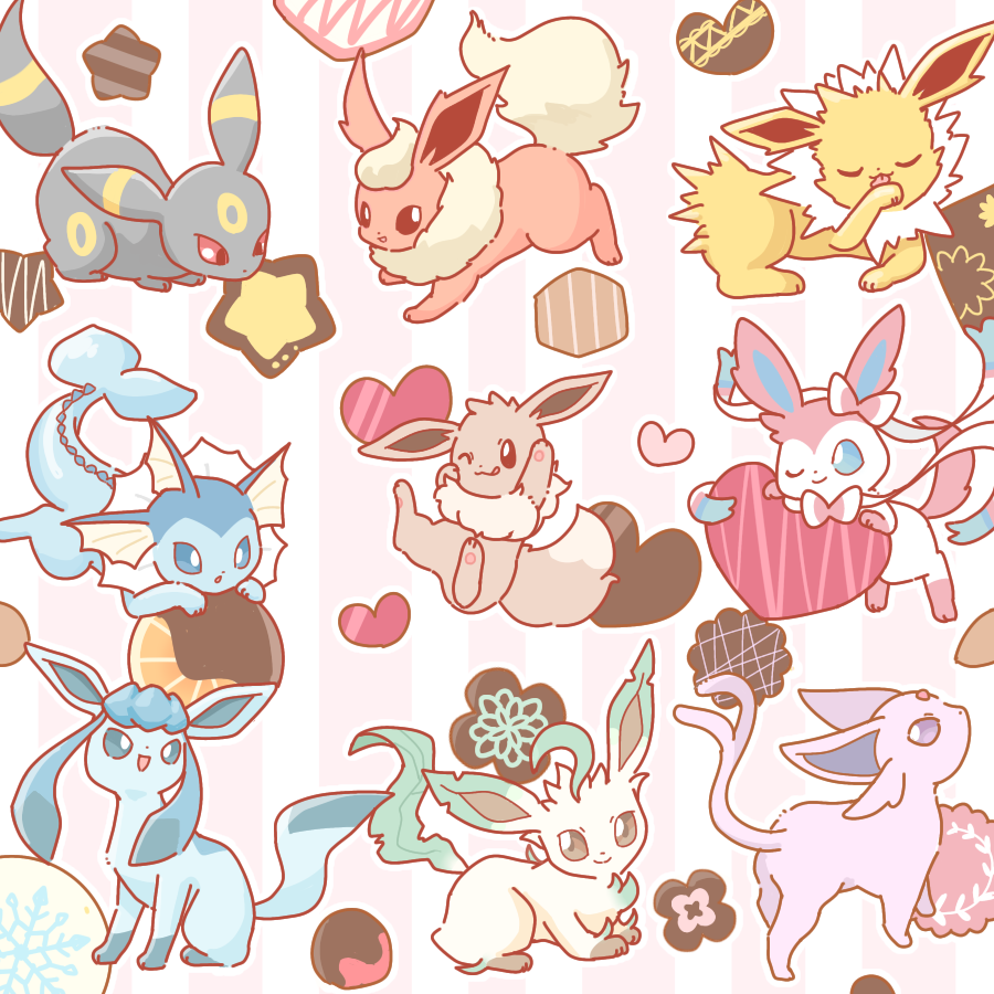 animal_focus asakoline blue_eyes bright_pupils brown_eyes chocolate chocolate_covered closed_eyes closed_mouth dot_nose eevee espeon flareon forehead_jewel glaceon heart jolteon leafeon licking_lips licking_self no_humans one_eye_closed open_mouth pawpads pokemon pokemon_(creature) red_eyes smile split_tail star_(symbol) striped striped_background sylveon tongue tongue_out umbreon vaporeon violet_eyes white_pupils