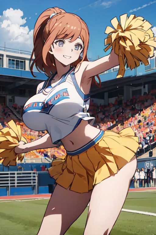 1girl ai-generated armpits cheerleader danganronpa_(series) danganronpa_3_(anime) non-web_source pom_pom_(cheerleading) ponytail skirt sleeveless yukizome_chisa