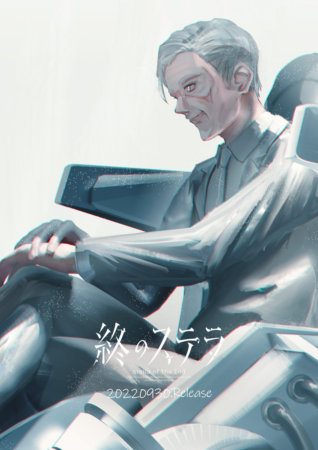 chair grey_eyes highres long_sleeves looking_to_the_side old old_man sitting swav tsui_no_stella white_hair
