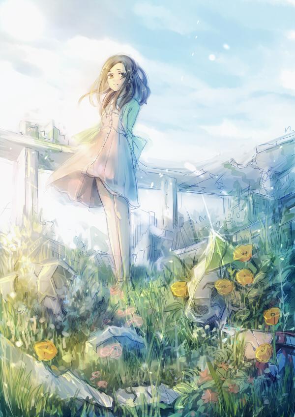 1girl arms_behind_back black_eyes black_hair blue_sky buttons character_request closed_mouth clothes_lift clouds cloudy_sky commentary_request copyright_request dress dress_lift flower full_body grass hanada_hyou jacket long_hair long_sleeves looking_at_viewer mecha open_clothes open_jacket outdoors pink_dress pink_flower robot ruins sky smile socks solo white_jacket white_socks yellow_flower