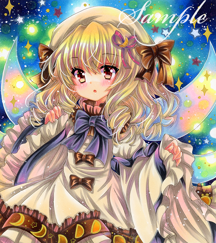 1girl blonde_hair blue_background blush bow bowtie brown_bow brown_ribbon crescent crescent_hair_ornament crescent_print dress drill_hair fairy fairy_wings frilled_dress frills hair_ornament hair_ribbon hat hat_ribbon long_hair long_sleeves looking_at_viewer luna_child marker_(medium) moon_print open_mouth pinching_sleeves red_eyes ribbon rui_(sugar3) sample_watermark solo sparkle standing touhou traditional_media upper_body watermark white_dress white_headwear wide_sleeves wings