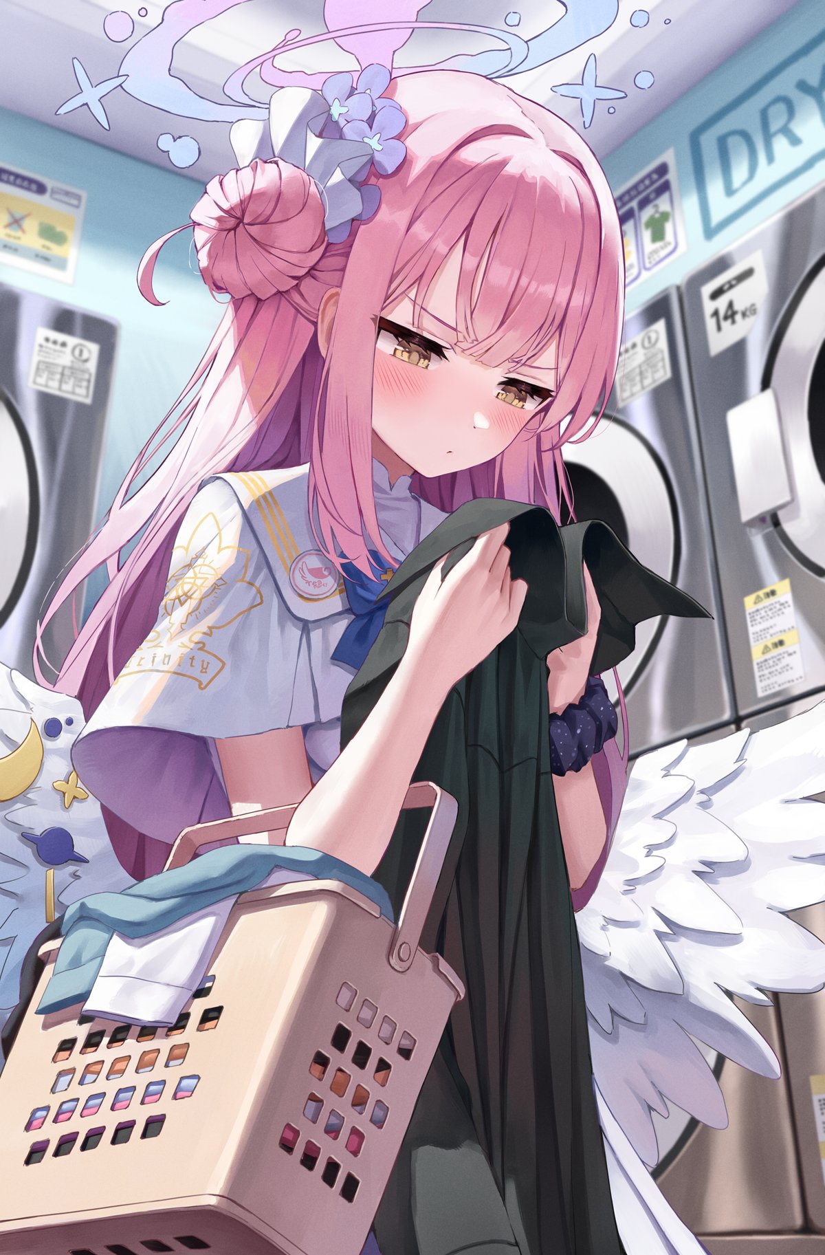 1girl angel_wings black_scrunchie blue_archive blush capelet clothes_dryer feathered_wings frilled_ribbon frills hair_bun halo highres holding holding_clothes holding_shirt laundromat laundry laundry_basket low_wings mika_(blue_archive) pink_hair pink_halo ribbon scrunchie shirt single_side_bun solo superpig washing_machine white_capelet white_wings wing_ornament wings wrist_scrunchie