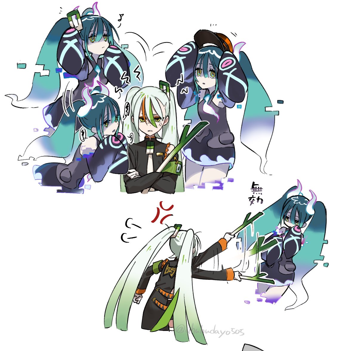 2girls anger_vein aqua_hair armband black_coat coat crossed_arms delinquent detached_sleeves fighting_miku_(project_voltage) food ghost ghost_miku_(project_voltage) glitch gradient_hair green_armband grey_shirt hair_between_eyes hatsune_miku holding holding_food holding_spring_onion holding_vegetable long_hair multicolored_hair multiple_girls multiple_views necktie orange_trim pale_skin pokemon project_voltage see-through see-through_skirt shirt single_detached_sleeve skirt sleeves_past_fingers sleeves_past_wrists speed_lines spring_onion twintails uhuhu vegetable very_long_hair visor_cap vocaloid white_hair white_necktie will-o'-the-wisp_(mythology) yellow_eyes