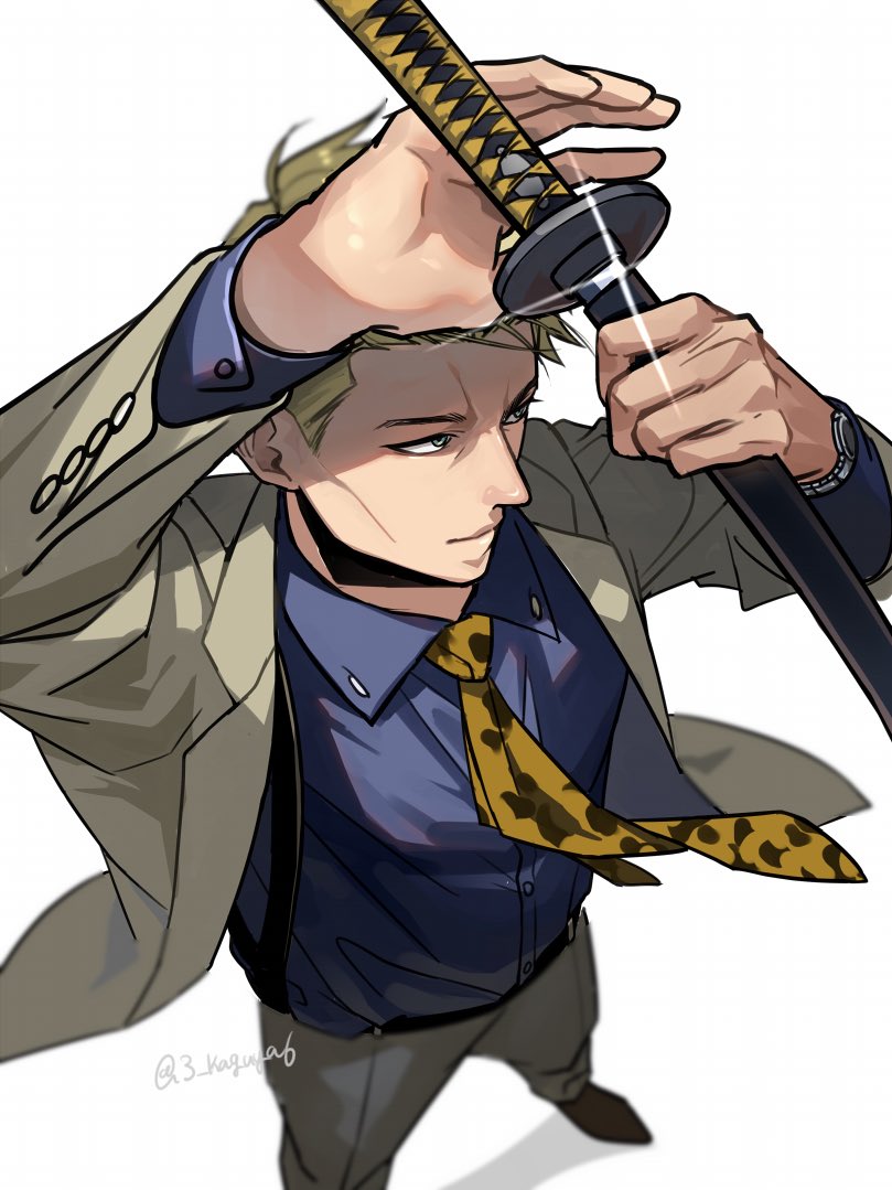 1boy animal_print blonde_hair blue_shirt brown_eyes collared_shirt foot_out_of_frame from_above grey_pants grey_suit holding holding_sword holding_weapon jujutsu_kaisen leopard_print long_sleeves male_focus nanami_kento necktie pants sano_maru sheath shirt short_hair solo standing suit suspenders sword weapon white_background yellow_necktie