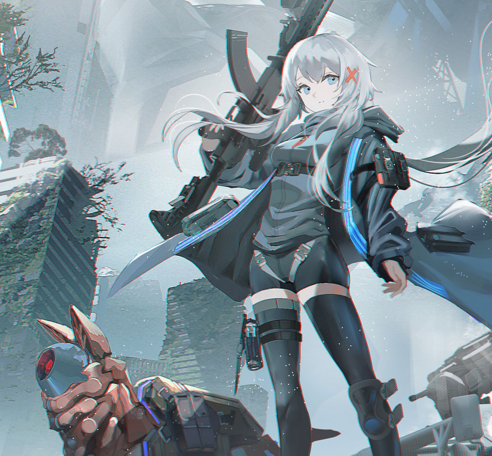 1girl blue_eyes city closed_mouth gun holding jacket long_hair long_sleeves looking_at_viewer outdoors philia_(tsui_no_stella) robot standing suit swav tsui_no_stella very_long_hair weapon white_hair