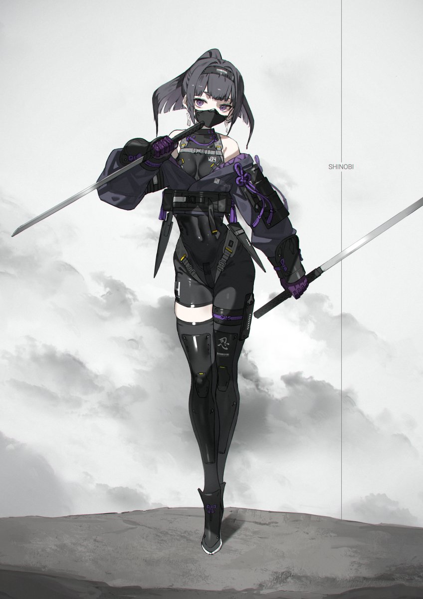 1girl asymmetrical_clothes bare_shoulders black_hair covered_navel crop_top dual_wielding earrings falslander full_body hairband highres holding jewelry looking_at_viewer mask mouth_mask neco ninja ninja_mask ponytail reverse_grip single_pantsleg single_thighhigh solo standing thigh-highs thigh_gap thigh_pouch violet_eyes