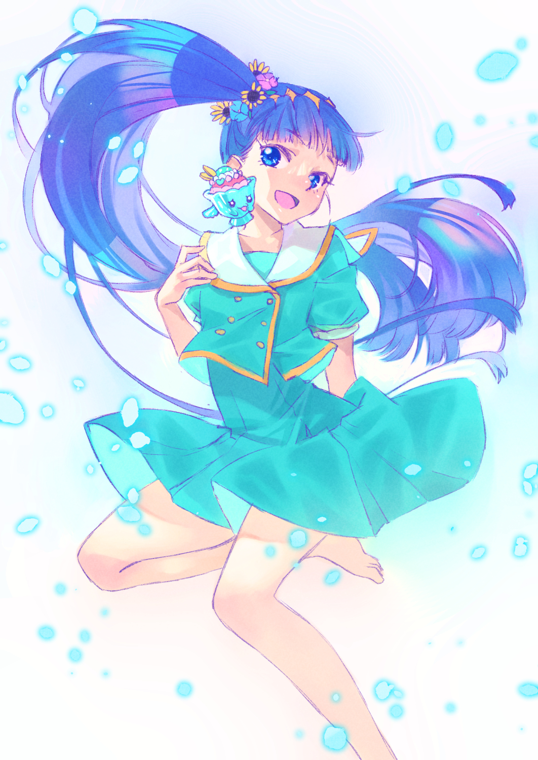 1girl alternate_hair_color alternate_hairstyle arm_behind_back barefoot blue_dress blue_eyes blue_hair blue_jacket commentary cropped_jacket delicious_party_precure dress flower hair_flower hair_ornament hair_up highres jacket jj_(ssspulse) kasai_amane leg_up long_hair looking_at_viewer open_mouth pleated_dress ponytail precure recipipi short_dress short_sleeves smile solo standing standing_on_one_leg