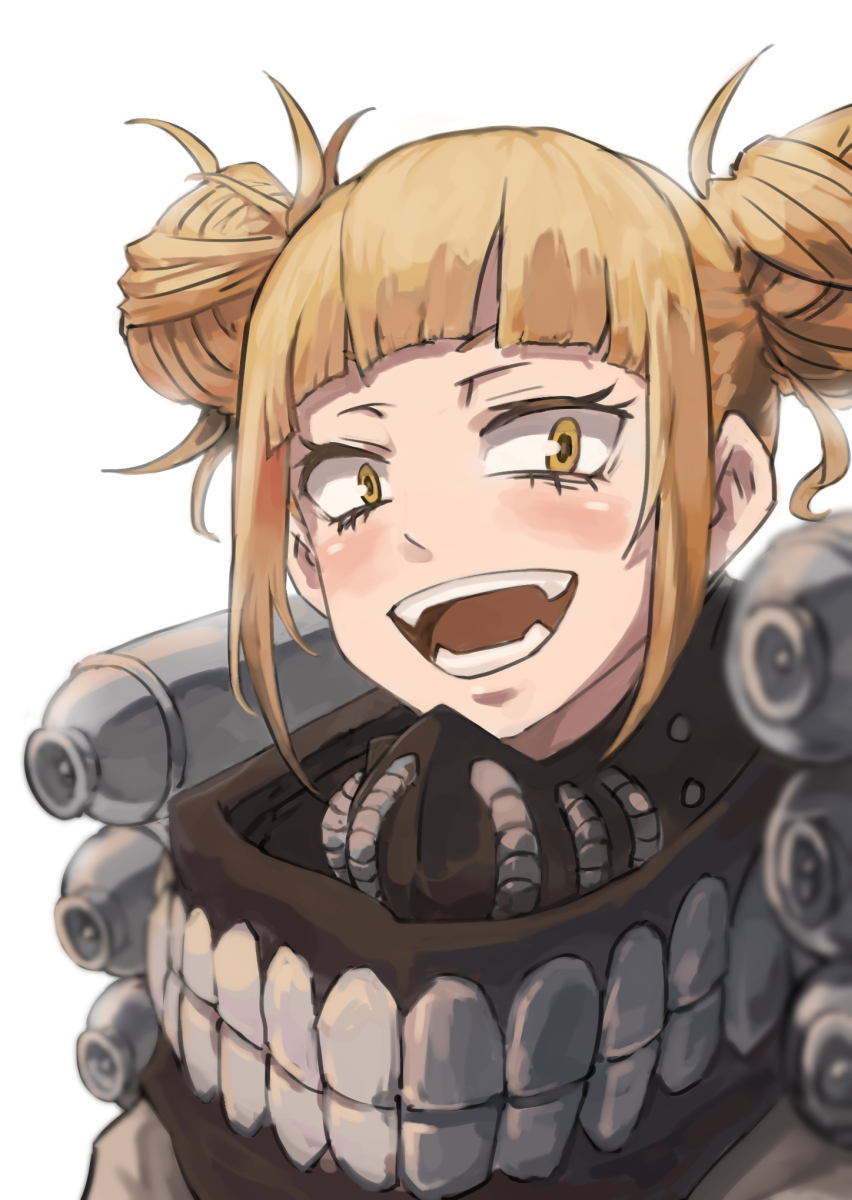 1girl blonde_hair blunt_bangs blush boku_no_hero_academia canister cardigan double_bun fangs hair_bun highres ico6 looking_at_viewer messy_hair open_mouth short_hair simple_background smile solo teeth toga_himiko upper_body white_background yellow_cardigan yellow_eyes