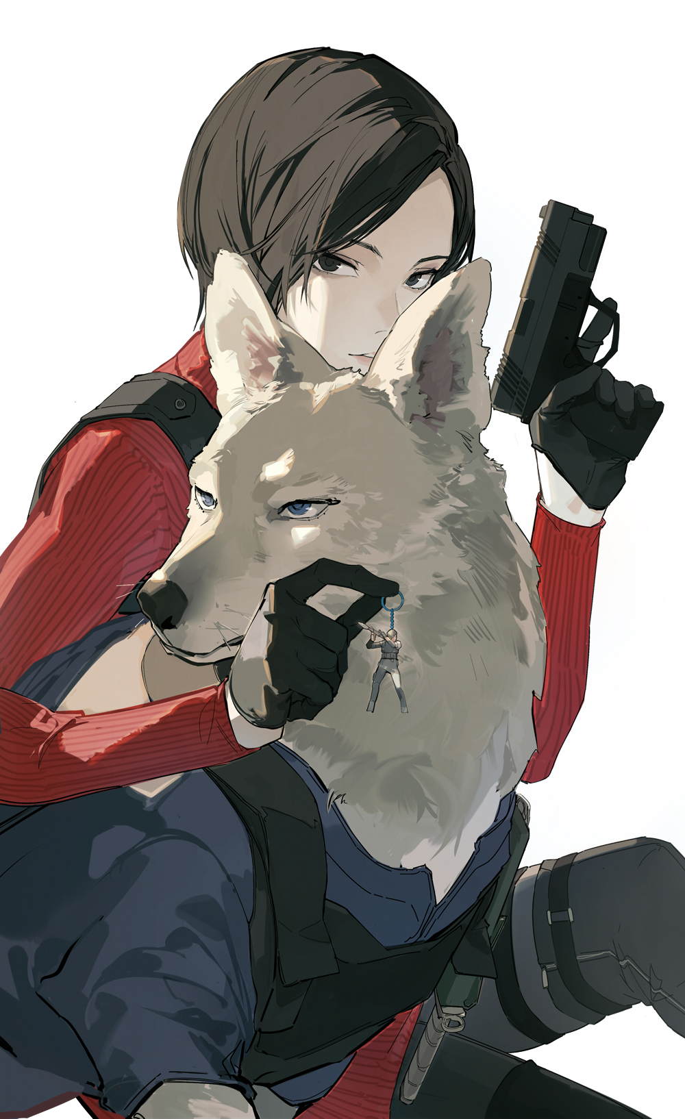 1girl ada_wong animal black_footwear black_gloves black_hair blue_eyes boots commentary_request dog feet_out_of_frame gloves gun half_gloves highres holding holding_gun holding_weapon long_sleeves looking_at_viewer nine_(liuyuhao1992) parted_bangs red_shirt resident_evil shirt short_hair simple_background thigh_boots weapon white_background