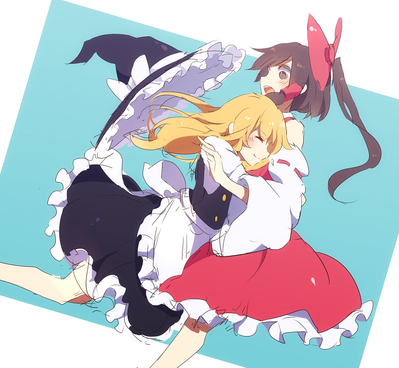 2girls 60mai apron back_bow bare_shoulders black_dress black_headwear blonde_hair blue_background blush border bow brown_eyes brown_hair buttons closed_eyes closed_mouth collared_dress commentary_request detached_sleeves dress frills hair_between_eyes hair_bow hair_ornament hair_tubes hakurei_reimu hand_up hat hat_bow hug jumping kirisame_marisa legs_up long_hair long_sleeves looking_at_another multiple_girls open_mouth outside_border ponytail puffy_short_sleeves puffy_sleeves red_bow red_dress shirt short_sleeves simple_background smile standing teeth tongue touhou white_apron white_border white_bow white_shirt wide_sleeves witch_hat yuri